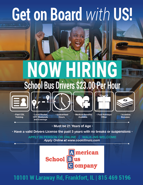 American School Bus Company Hiring Flyer. Visit www.cookillinois.com for more information.