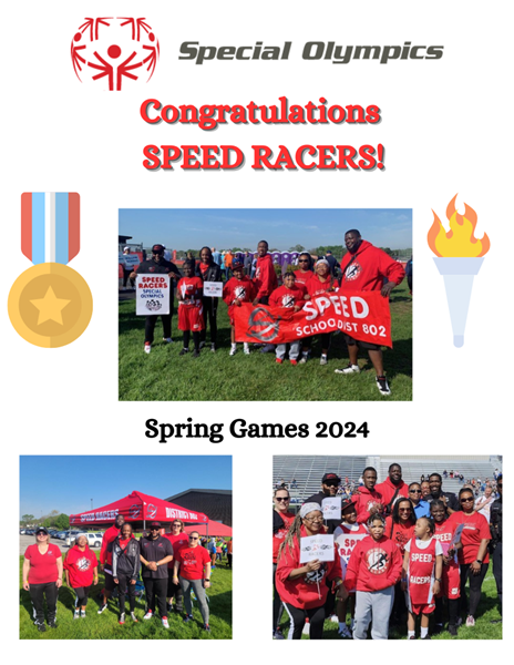 Congratulations to SPEED Racers Special Olympians - Photo collage of athletes and coaches